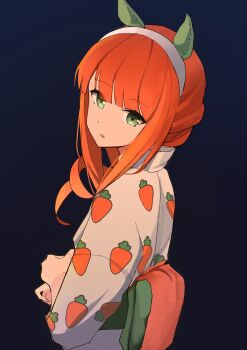 Rule 34 | 1girl, animal ears, blunt bangs, carrot print, ch2haya p, commentary, ear covers, food print, from side, gradient background, green eyes, hairband, horse ears, horse girl, japanese clothes, kimono, long hair, looking at viewer, looking to the side, obi, orange hair, parted lips, print kimono, sash, silence suzuka (umamusume), solo, symbol-only commentary, umamusume, upper body, white hairband, white kimono