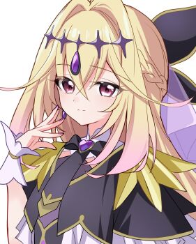 Rule 34 | 1girl, absurdres, antenna hair, black bow, black capelet, black dress, blonde hair, bow, brooch, butterfly hat ornament, capelet, closed mouth, cure arcana shadow, derori, diamond hairband, dress, frills, gradient hair, hair intakes, hashtag-only commentary, hat ornament, heart, heart brooch, highres, jewelry, long hair, looking at viewer, meitantei precure!, moria ruruka, multicolored hair, precure, purple eyes, purple veil, smile, upper body, veil, wrist cuffs, zooming in