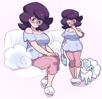 1girl 2024_pokemon_teraleak alolan_form alolan_vulpix bag bag_of_cookies bare_shoulders big_hair blush blush_stickers breasts capri_pants cleavage closed_mouth clothing_request commentary couch english_commentary eyelashes gen_7_pokemon glasses green_eyes hand_up highres holding holding_bag large_breasts looking_at_viewer loungewear loveycloud mature_female multiple_views nintendo on_couch one_eye_closed pants pink-framed_eyewear pink_background pink_pants pokemon pokemon_(creature) pokemon_sm purple_hair sandals sitting smile standing white_sandals wicke_(pokemon) yawning