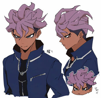 1boy blue_jacket dark-skinned_male dark_skin inazuma_eleven_(series) inazuma_eleven_victory_road jacket jewelry male_focus multiple_views necklace ozi8pm purple_hair sakurazaki_jouji simple_background translation_request white_background