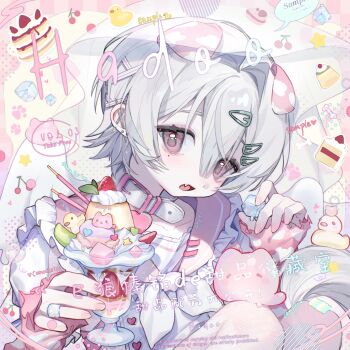 1girl aegyo_sal animal_ears bandaid blush dessert dog_ears ear_piercing eyelashes fang fingernails food hair_between_eyes hair_ornament hairclip highres holding holding_ice ice image_sample juzi_doubanjiang looking_at_viewer mihuashi_sample mole mole_under_eye nail_polish open_mouth original piercing pink_eyes pink_nails pink_sailor_collar sailor_collar sample_watermark short_hair sidelocks solo square watermark white_hair