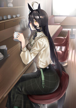 1girl absurdres animal_ears black_hair black_skirt blush brooch closed_mouth coffee_mug cup from_side hair_between_eyes highres holding holding_cup horse_ears horse_girl horse_tail jewelry jitome_no_tsugumi long_bangs long_hair manhattan_cafe_(umamusume) mug plaid_clothes plaid_skirt shirt skirt solo tail umamusume white_shirt yellow_eyes
