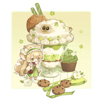1girl animal_ear_fluff animal_ears arknights artist_name brown_shoes cardigan chibi chibi_only chinese_commentary chocolate_chip_cookie commentary_request cookie cream cup dress drinking_glass flower food fox_ears fox_girl fox_tail frilled_hairband frills full_body green_dress green_hairband hairband highres ichisaku long_sleeves mini_person minigirl multiple_tails open_cardigan open_clothes outline parfait shoes socks solo standing suzuran_(arknights) tail watermark white_outline white_socks