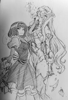 2girls blood catfight defeat femdom garie_tuman highres maria_cadenzavna_eve monochrome multiple_girls photo_(medium) rex_(rein_xeed) senki_zesshou_symphogear sketch