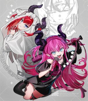 3girls black_shirt blue_eyes blush bracelet breasts chain choker commentary_request curled_horns dragon_horns dragon_tail dress earrings elizabeth_bathory_(fate) elizabeth_bathory_(perfect)_(fate) elizabeth_bathory_(perfect)_(first_ascension)_(fate) elizabeth_of_the_end_(fate) fate/grand_order fate_(series) galibo hair_ribbon highres horns jewelry long_hair long_sleeves looking_at_viewer mecha_eli-chan_mk.ii_(fate) microphone multiple_girls off_shoulder open_mouth pink_hair pointy_ears red_hair ribbon shirt short_sleeves small_breasts smile spiked_bat tail thigh_strap thighs two_side_up veil white_dress