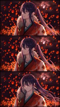 Rule 34 | 1boy, bishounen, black border, blush, border, closed mouth, cloud, cloudy sky, collarbone, crescent, double-parted bangs, ensemble stars!, floating hair, full moon, fur collar, hair between eyes, hair intakes, highres, japanese clothes, kanzaki souma, kimono, lantern, leaf print, long hair, looking at viewer, male focus, maple leaf print, moon, motoyui, night, outdoors, paper lantern, ponytail, pov adoring, purple eyes, red kimono, ruriruri772, sidelocks, sky, sky lantern, smile, very long hair