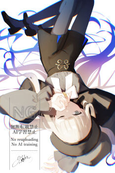 1boy beret black_capelet black_hat black_shorts blonde_hair blue_hair bow bowtie capelet fate/grand_order fate_(series) gradient_hair green_eyes grey_pantyhose grey_shirt hat hat_feather high-waist_shorts highres long_hair long_sleeves looking_at_viewer multicolored_hair nemo_(fate/grand_order_arcade) noah_(second_ascension)_(fate/grand_order) one_eye_closed pantyhose rokufuji_m shirt shorts solo thighs two-tone_hair upside-down very_long_hair