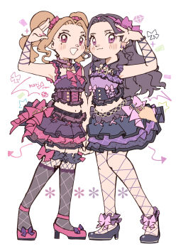 2girls absurdres aikatsu! aikatsu!_(series) black_hair black_shoes blonde_hair daichi_nono demon_tail fishnet_pantyhose fishnets forehead full_body hair_ornament hair_scrunchie high_heels highres idol_clothes layered_skirt long_hair looking_at_viewer midriff miniskirt mole mole_under_eye multiple_girls open_mouth pantyhose pink_ribbon pink_shoes purple_eyes purple_shirt purple_skirt ribbon scrunchie shirakaba_risa shirt shoes skirt smile standing tail twintails v white_background yukikokoro