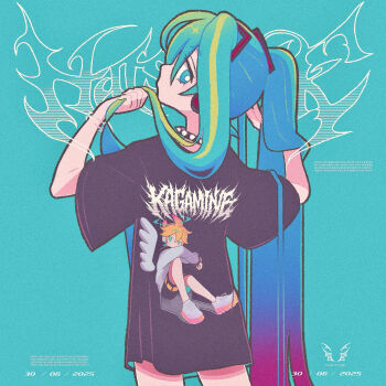 1girl aqua_background aqua_eyes aqua_hair arms_up blue_hair bright_pupils character_name collar commentary_request cowboy_shot dated eyelashes from_behind gradient_hair hair_between_eyes hatsune_miku highres kagamine_len long_hair looking_at_viewer looking_back loose_clothes loose_shirt manmes_214 multicolored_hair pink_hair print_shirt shaft_look shirt solo spiked_collar spikes twintails very_long_hair vocaloid white_pupils