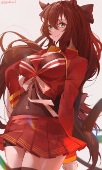 Rule 34 | 1girl, absurdres, animal ears, blue eyes, blush, bow, breasts, brown hair, cleavage, commentary request, ear bow, garter straps, green eyes, hair between eyes, highres, horse ears, horse girl, horse tail, large breasts, long hair, long sleeves, looking at viewer, maruzensky (formula r) (umamusume), maruzensky (umamusume), one eye closed, open mouth, red serafuku, red skirt, red thighhighs, school uniform, serafuku, shirt, skirt, smile, solo, tail, thighhighs, umamusume, yogukasu