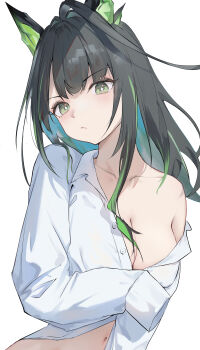 1girl absurdres ahoge alternate_costume arknights black_hair breasts bright_pupils cleavage closed_mouth collarbone green_eyes green_hair highres horns long_sleeves looking_at_viewer medium_breasts mon3tr_(arknights) multicolored_hair naked_shirt navel off_shoulder open_clothes open_shirt shirt shitomu1 simple_background single_bare_shoulder sleeves_past_fingers sleeves_past_wrists solo two-tone_hair unbuttoned unbuttoned_shirt upper_body v-shaped_eyebrows white_background white_shirt