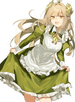 1girl :d absurdres adapted_costume alternate_costume apron arknights blonde_hair commentary_request cowboy_shot dot_nose dress elf enmaided floating frilled_apron frills fumi_(rdbm) green_dress hair_intakes highres laurel_crown laurels leaning_to_the_side long_hair long_sleeves looking_at_viewer maid maid_apron messy_hair mole mole_under_eye muelsyse_(arknights) open_mouth pointy_ears puffy_sleeves simple_background skirt_hold smile solo white_apron white_background yellow_eyes