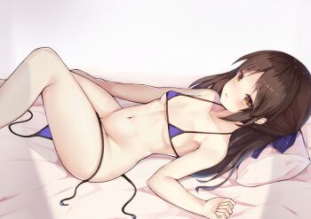 1girl arm_at_side bare_arms bare_legs bare_shoulders bed_sheet bikini blue_bikini blue_ribbon blush breasts brown_eyes brown_hair collarbone feet_out_of_frame female_focus from_side hair_ribbon heart heart-shaped_pupils idolmaster idolmaster_cinderella_girls knees_up long_hair looking_at_viewer looking_to_the_side lying micro_bikini navel nose_blush on_back on_bed pillow purple_bikini ribbon se-u-ra side-tie_bikini_bottom small_breasts solo stomach string swimsuit symbol-shaped_pupils tachibana_arisu thighs untied_bikini wavy_mouth
