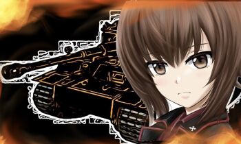 Rule 34 | black jacket, brown eyes, brown hair, closed mouth, fire, girls und panzer, jacket, kuromorimine military uniform, light blush, looking at viewer, military, military uniform, military vehicle, motor vehicle, nishizumi maho, profile, red shirt, shirt, short hair, tank, tiger i, zaofeng