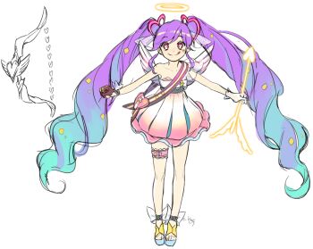 Rule 34 | 1girl, :q, angel wings, ankle bow, ankle ribbon, aqua hair, arrow (projectile), asymmetrical gloves, bag, bare shoulders, belt, belt buckle, blue sandals, bow, bow (weapon), bright pupils, brown gloves, buckle, character request, reference sheet, closed mouth, collarbone, commentary request, copyright request, cupid, dot nose, dress, drill hair, energy arrow, eyelashes, frilled dress, frilled garter belt, frills, full body, gloves, gradient hair, hair ribbon, half gloves, halo, heart, heart-shaped bag, heart-shaped pupils, heart on cheek, holding, holding arrow, knees, leg ribbon, long hair, looking at viewer, mansu, marking on cheek, mismatched gloves, multicolored hair, official art, pink belt, pink dress, pink eyes, pink ribbon, pleated dress, purple hair, ribbon, sandals, short dress, shoulder bag, simple background, single half glove, single stripe, sketch, smile, solo, standing, strapless, strapless dress, striped ribbon, symbol-shaped pupils, thigh belt, thigh strap, toes, tongue, tongue out, traditional halo, twin drills, twintails, two-tone sandals, very long hair, weapon, white background, white belt, white bow, white gloves, white halo, white pupils, white wings, wings, wrist bow, yellow sandals