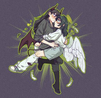 2girls angel_and_devil angel_wings bang_dream! bang_dream!_it&#039;s_mygo!!!!! black_hair black_shirt blue_eyes blue_shoes blush brown_hair closed_mouth commentary criangle_k. demon_horns demon_tail demon_wings falling_feathers feathers film_grain grey_background grey_skirt halloween halo hand_on_another&#039;s_waist highres horns long_hair loose_socks multiple_girls purple_eyes shiina_taki shirt shoes skirt smile socks sweat symbol-only_commentary tail tail_around_another&#039;s_leg tail_wrap white_shirt white_socks wings yahata_umiri yuri