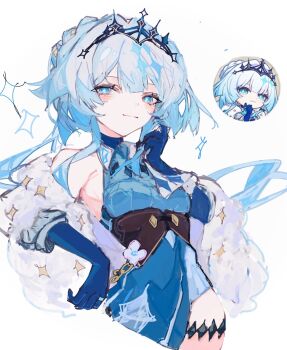 1girl blue_eyes cape cerydra_(conquest)_(honkai:_star_rail) cerydra_(honkai:_star_rail) derivative_work diamond_(shape) flower fur-trimmed_cape fur_trim gloves hashtag-only_commentary highres honkai:_star_rail honkai_(series) nonoko_(1k6sx1encx45226) off_shoulder official_alternate_costume official_alternate_hairstyle thigh_strap tiara white_background white_hair