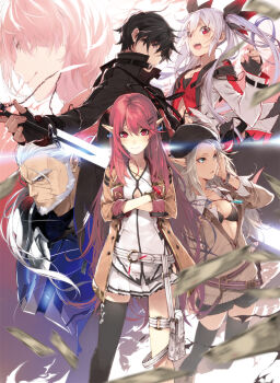 3boys 3girls aqua_eyes belt bikini bikini_top_only black_bikini black_headwear black_legwear blonde_hair blurry blurry_foreground blush breasts brown_jacket bug butterfly_earrings character_request closed_mouth clothing_cutout collarbone cover_image crossed_arms earrings hair_ornament hair_ribbon hairclip hand_in_own_hair hat jacket jewelry kuwashima_rein long_hair long_sleeves looking_at_viewer looking_away miniskirt money multiple_boys multiple_girls novel_illustration official_art open_mouth parted_lips pleated_skirt pointy_ears red_eyes red_hair ribbon second-party_source shorts silver_hair single_thighhigh skirt sleeves_rolled_up small_breasts smile standing swimsuit teeth textless_version thigh_strap thighhighs tsuwabuki_asuha tsuwabuki_ichirou twintails underboob underboob_cutout upper_teeth_only very_long_hair vrmmo_wo_kane_no_chikara_de_musou_suru white_skirt