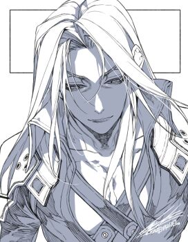 1boy armor black_coat chest_strap closed_mouth coat dated final_fantasy final_fantasy_vii half-closed_eyes hiryuu_(kugelcruor) long_bangs long_hair male_focus parted_bangs partially_shaded_face pauldrons pectorals sephiroth shoulder_armor signature solo upper_body white_background white_hair