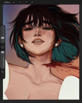 Rule 34 | 1girl, alien stage, art program in frame, black hair, blood, blood from neck, blood spray, commentary, death, earrings, english commentary, feralj4ckalope, half-closed eyes, highres, jewelry, neck tattoo, parted lips, pearl earrings, purple eyes, short hair, solo, sphere earrings, sua (alien stage), sweat, tattoo, unfinished