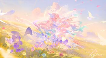 1girl aqua_hair bird blue_sky bridal_veil character_name cyrene_(honkai:_star_rail) cyrene_(ripples_of_past_reverie)_(honkai:_star_rail) dove dress flower hair_flower hair_ornament hashtag-only_commentary highres honkai:_star_rail honkai_(series) koujuan long_hair multicolored_hair outdoors pink_hair sky solo two-tone_hair veil very_long_hair white_dress