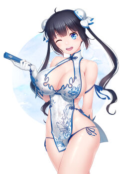 1girl absurdres ahoge alternate_costume alternate_hairstyle anarchojs arm_behind_back bare_shoulders black_hair blue_eyes blue_panties breasts bun_cover china_dress chinese_clothes chinese_commentary cleavage cleavage_cutout clothing_cutout collarbone commentary_request cowboy_shot dress dungeon_ni_deai_wo_motomeru_no_wa_machigatteiru_darou_ka folded_fan folding_fan hand_fan hestia_(danmachi) highres large_breasts long_hair looking_at_viewer no_bra one_eye_closed open_mouth panties print_dress rei_no_himo short_dress side-tie_panties sideless_dress sleeveless sleeveless_dress smile solo string_panties thighs twintails underwear white_background white_dress