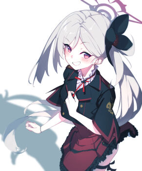 1girl black_jacket blue_archive blush dynamic_pose flower from_above grey_hair grin hair_flower hair_ornament halo highres jacket karasuri long_hair looking_at_viewer mutsuki_(blue_archive) neck_ribbon purple_eyes red_ribbon ribbon shirt short_sleeves side_ponytail smile very_long_hair white_background white_shirt