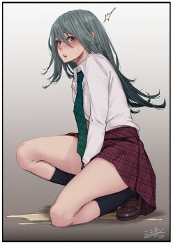 1girl ^^^ artist_name between_legs black_socks blush border breasts brown_shoes collared_shirt embarrassed female_focus from_side full_body gradient_background green_hair green_necktie grey_background hair_over_one_eye hand_between_legs have_to_pee highres kneehighs kokomachi long_hair long_sleeves looking_at_viewer miniskirt necktie nose_blush on_one_knee open_mouth original pee peeing peeing_self plaid_clothes plaid_necktie plaid_skirt pleated_skirt puddle red_eyes red_skirt school_uniform shirt shoes sidelocks signature simple_background skirt small_breasts socks solo surprised sweat teeth unmoving_pattern white_border white_shirt