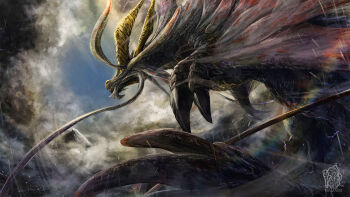 absurdres amatsumagatsuchi brown_claws cloud dragon dragon_horns fins gradient_scales highres horns monster monster_focus monster_hunter_(series) namami_(namami0115) no_humans whiskers yellow_eyes