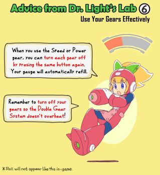 Rule 34 | 1girl, android, arm cannon, armored boots, black bodysuit, blonde hair, blue eyes, bodysuit, boots, commentary, dress, english commentary, english text, fighting stance, gloves, gorget, green ribbon, hair between eyes, headphones, helmet, highres, holding, holding weapon, how to, jetpack, joints, jumping, knee boots, mechanical boots, mega man (classic), mega man (series), mega man 11, nautical nova, official alternate costume, open mouth, pink boots, pink dress, pink helmet, ponytail, red gloves, ribbon, robot girl, robot joints, roll (mega man), short dress, sidelocks, simple background, solo, speech bubble, weapon, yellow background