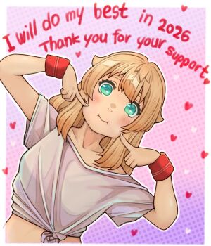 1girl blonde_hair blush border bridget_(guilty_gear) collarbone dutch_angle english_text fingernails gradient_background green_eyes guilty_gear hair_intakes happy_new_year heart heart_arms highres light_smile long_hair loose_clothes loose_shirt midriff new_year outline pink_background pointing_at_cheek polka_dot polka_dot_background puffy_cheeks purple_background red_wrist_cuffs shirt short_sleeves solo sugajyun swept_bangs tied_shirt upper_body white_border white_outline white_shirt wrist_cuffs