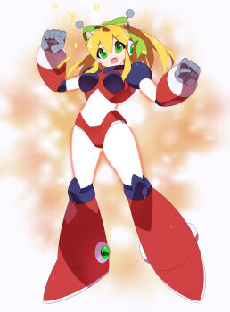 absurdres antennae armor armored_boots armored_gloves arms_up bikini_armor blonde_hair blue_eyes blurry blurry_background boots breasts glowing green_ribbon hair_ribbon hairband headphones henshin highres hyper_roll_(marvel_vs._capcom) joints kaidou_zx knee_boots knee_pads large_breasts large_variant_set long_hair looking_at_viewer marvel_vs._capcom mechanical_arms mechanical_boots mechanical_legs mega_man_(classic) mega_man_(series) ponytail radio_antenna red_armor ribbon robot robot_girl robot_joints roll_(mega_man) shoulder_armor sidelocks simple_background smile sparks transformation variant_set white_background