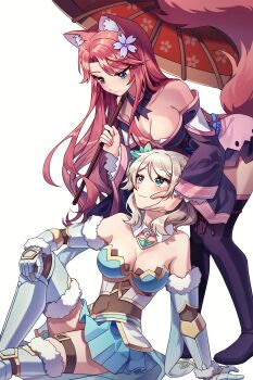 2girls absurdres animal_ears armored_boots artist_request bent_over blonde_hair blue_eyes boots commission commissioner_upload eye_contact field fox_ears fox_girl fox_tail hand_on_another&#039;s_cheek hand_on_another&#039;s_face highres holding holding_umbrella in-franchise_crossover japanese_clothes juniper_(sakura_fox_adventure) kimono knight looking_at_another multiple_girls non-web_source on_ground pink_hair sakura_dungeon sakura_fox_adventure sitting smile tail umbrella yomi_(sakura_dungeon) yuri