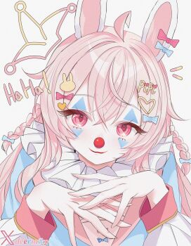 1girl absurdres ahoge animal_ears bad_id bad_twitter_id blue_bow bow braid clown clown_nose deermiko hair_bow hair_ornament heart heart_hair_ornament highres long_sleeves phase_connect pink_bow pink_eyes pink_hair pipkin_pippa rabbit_ears rabbit_hair_ornament solo twitter_username upper_body virtual_youtuber