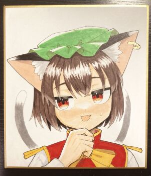 1girl :d animal_ear_fluff animal_ears asakura_haru bow bowtie brown_hair cat_ears cat_tail chen commentary_request double-parted_bangs fang frills hair_between_eyes half-closed_eyes hand_on_own_chin hand_up hat highres light_blush long_sleeves looking_to_the_side mob_cap multiple_tails nekomata open_mouth red_eyes red_vest short_hair smile solo sweat tail touhou two_tails vest yellow_bow yellow_bowtie