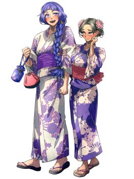 2girls blush braid clenched_hand dairoku_ryouhei floral_print floral_print_kimono flower freckles grey_nails hair_flower hair_ornament highres ishikahonori_koto japanese_clothes kimono kinchaku locked_arms long_hair multiple_girls pouch print_kimono purple_eyes sandals sharp_teeth short_hair smile teeth toriyas transparent_background very_long_hair yukari_ai yukata yuri