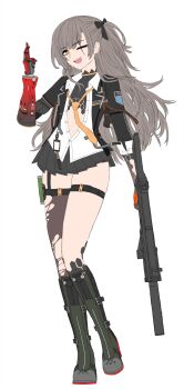 1girl ;d absurdres black_boots black_bow black_jacket black_skirt boots bow brown_hair cheogtanbyeong collared_shirt commentary_request fang flat_color full_body girls&#039;_frontline girls&#039;_frontline_2:_exilium gun h&amp;k_ump hair_bow highres holding holding_gun holding_weapon jacket korean_commentary leva_(girls&#039;_frontline_2) long_hair looking_at_viewer loose_necktie mechanical_arms microskirt necktie one_eye_closed one_side_up open_clothes open_jacket open_mouth orange_eyes partially_unbuttoned pleated_skirt prosthesis prosthetic_arm scar scar_across_eye scar_on_face shirt simple_background single_mechanical_arm single_thighhigh skin_fang skindentation skirt smile solo submachine_gun thigh_strap thighhighs torn_clothes torn_thighhighs ump45_(girls&#039;_frontline) unfinished weapon white_background white_shirt yellow_necktie