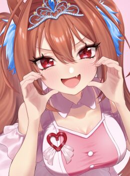 1girl animal_ears blush breasts brown_hair cleavage clothing_cutout daiwa_scarlet_(umamusume) detached_collar fang hair_between_eyes hair_intakes heart heart_hands highres horse_ears horse_girl large_breasts long_hair looking_at_viewer meni_shuki_rush-sshu! open_mouth pink_shirt pink_skirt red_eyes sarachi_(sara_dayluv) shirt shoulder_cutout skirt smile solo tiara twintails umamusume very_long_hair
