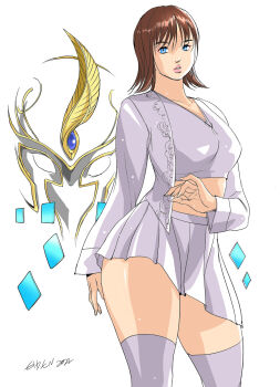 Rule 34 | 1girl, avataro sentai donbrothers, blouse, blue eyes, brown hair, crop top, eiden, highres, shirt, skirt, sononi, sononi (donbrothers), super sentai, thighhighs, white thighhighs