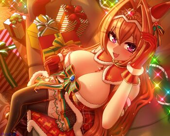 1girl animal_ears antenna_hair black_thighhighs blush box breasts brown_hair christmas cleavage commentary couch crossed_legs daiwa_scarlet_(scarlet_nuit_etoile)_(umamusume) daiwa_scarlet_(umamusume) dress ear_covers fang fur-trimmed_dress fur_trim gift gift_box gloves hair_intakes highres horse_ears horse_girl horse_tail large_breasts long_hair looking_at_viewer lukari official_alternate_costume official_alternate_hairstyle on_couch open_mouth red_dress red_eyes red_gloves santa_costume santa_dress single_ear_cover sitting skin_fang smile solo tail thighhighs thighs tiara umamusume very_long_hair