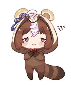 1girl absurdres ahoge animal_costume animal_ears animal_hood blush blush_stickers bow bowtie brown_hair chibi chibi_only double-parted_bangs ear_ribbon hair_between_eyes hair_through_hood highres hood hood_up horse_girl long_sleeves medium_hair meisho_doto_(umamusume) multicolored_hair open_mouth purple_eyes raccoon raccoon_costume red_bow red_bowtie simple_background tail two-tone_hair ukichan22905846 umamusume white_background white_hair