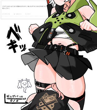 2girls absurdres anby_demara andii_(anzai_teachco) bare_shoulders belt belted_skirt black_shirt black_skirt black_thighhighs clenched_hands commentary_request giving_up_the_ghost green_jacket grey_hair head_between_thighs health_bar highres jacket midriff multiple_girls navel nicole_demara no_gloves pink_hair print_shirt shirt short_hair skirt sleeveless sleeveless_jacket thigh_belt thigh_focus thigh_strap thighhighs thighs translation_request white_background white_shirt zenless_zone_zero