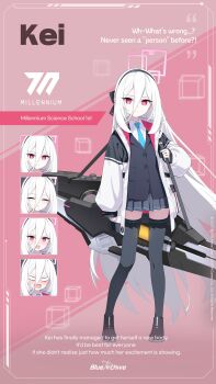 1girl absurdly_long_hair absurdres averting_eyes black_bow black_hairband black_shoes black_skirt black_thighhighs blue_archive blue_necktie blush bow bright_pupils character_name closed_eyes closed_mouth collared_shirt commentary commentary_request double-parted_bangs english_commentary english_text expressionless full_body gulim hair_between_eyes hair_bow hairband half_updo halo highres jacket kei_(blue_archive) kei_(student)_(blue_archive) long_hair long_hair_between_eyes long_sleeves looking_at_viewer multiple_expressions necktie official_art open_clothes open_jacket open_mouth red_eyes school_uniform shirt shoes skirt smile standing thighhighs very_long_hair white_hair zettai_ryouiki