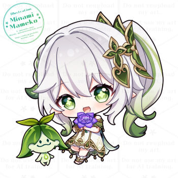 1girl aranara_(genshin_impact) bare_shoulders chibi chibi_only commentary_request cross-shaped_pupils detached_sleeves dress flower full_body genshin_impact gold_trim gradient_hair green_eyes green_hair green_sleeves hair_between_eyes hair_ornament holding holding_flower leaf_hair_ornament long_hair looking_at_viewer mameko_minami multicolored_hair nahida_(genshin_impact) pointy_ears side_ponytail simple_background sleeveless sleeveless_dress solo standing sumeru_rose_(genshin_impact) symbol-shaped_pupils watermark white_background white_dress white_hair