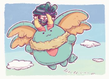 :3 blue_sky blush_stickers brown_hair chibi chibi_only cloud dress fecto_elfilis flapping_ears flying green_dress green_hat hat kirby_(series) kirby_and_the_forgotten_land nanami_(13mimi) neichel_(kirby) nintendo outline sky white_outline