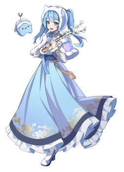 1girl arahashi_tabi blue_bow blue_bowtie blue_eyes blue_hair blue_hanbok blue_skirt bolkki bow bowtie capelet chima_(clothes) floral_print floral_print_skirt frilled_skirt frills full_body fur-trimmed_capelet fur_trim hanbok hashtag-only_commentary highres korean_clothes long_skirt open_mouth print_skirt pungdangi_(arahashi_tabi) shoes simple_background skirt stellive twintails virtual_youtuber white_background white_shoes yt9676