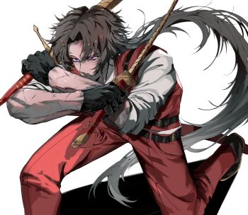 1boy belt black_belt black_gloves black_shoes brown_hair commentary_request cosplay curtained_hair dual_wielding gloves heathcliff_(project_moon) highres holding holding_sword holding_weapon limbus_company long_hair lucio_(project_moon) lucio_(project_moon)_(cosplay) male_focus pants ponytail project_moon purple_eyes red_pants red_vest scar scar_on_arm scar_on_face shirt shoes solo sword teihen_do_9981 thumb_(identity)_(project_moon) vest weapon white_background white_shirt