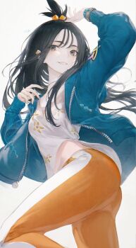 1girl absurdres black_hair blue_hoodie blue_jacket cube_hair_ornament earclip grey_eyes grin hair_ornament highres hood hood_down hooded_jacket hoodie jacket leggings lida_(pokemon) long_hair long_sleeves looking_at_viewer mega_ring nintendo open_clothes open_jacket open_mouth orange_leggings pokemon pokemon_legends:_z-a renoahh shirt simple_background smile solo thighs topknot two-tone_legwear white_background white_leggings wispy_bangs