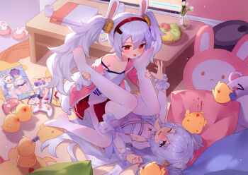2girls absurdres animal_ears azur_lane baby_animal bed bird blood blue_eyes blush breasts camisole chick chinese_commentary closed_mouth commentary_request controller cross-shaped_pupils cup double_bun dress fake_animal_ears feet flower foot_worship fruit_background full_body fur-trimmed_jacket fur_trim game_console game_controller gamepad hair_between_eyes hair_bun hairband highres indoors jacket javelin_(azur_lane) kodomo_doushi laffey_(azur_lane) le_malin_(azur_lane) le_malin_(muse)_(azur_lane) legs legs_up licking licking_foot loli long_hair long_sleeves looking_at_another lying magazine_(object) manjuu_(azur_lane) miniskirt mixed-language_commentary multiple_girls no_shoes nose_blush nosebleed off_shoulder on_back on_floor one_eye_closed open_clothes open_jacket open_mouth pantyhose pink_jacket playstation_4 pleated_skirt rabbit_ears red_eyes red_hairband red_skirt saliva saliva_trail skirt small_breasts strap_slip symbol-shaped_pupils table thighband_pantyhose thighhighs toes tongue tongue_out tsubasa_tsubasa twintails unbuttoned unbuttoned_shirt white_camisole white_dress white_hair white_pantyhose white_thighhighs yuri