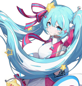 1girl ame_miya_ta aqua_hair blue_eyes collared_shirt commentary_request double-parted_bangs dress from_side gloves hair_between_eyes hair_ornament hatsune_miku headphones headset highres light_blush long_hair looking_at_viewer magical_mirai_(vocaloid) multicolored_hair necktie pink_dress pink_gloves pink_necktie shirt sidelocks simple_background sleeveless sleeveless_dress solo star_(symbol) star_hair_ornament streaked_hair twintails two-tone_dress very_long_hair vocaloid white_background white_dress white_hair